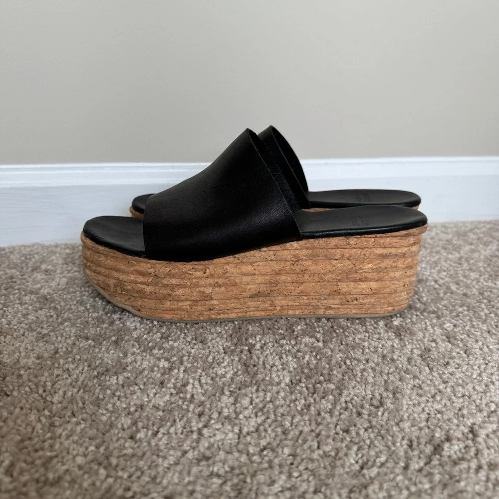 Jeffrey Campbell Black Leather Cork Platform Wedge Slide Sandals Mules Size 39